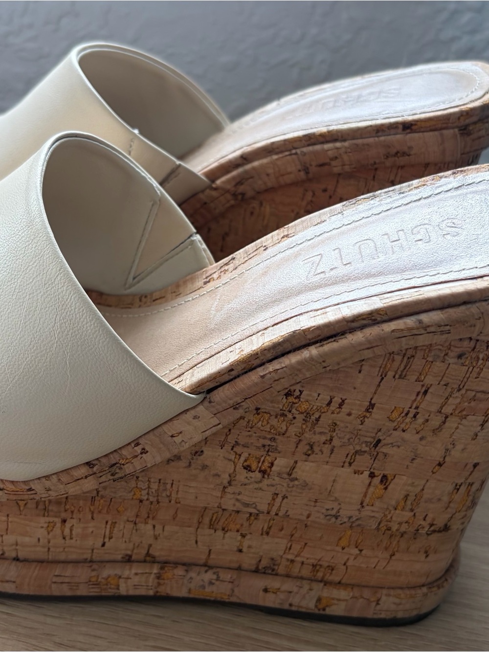 SCHUTZ Cream Leather Cork Wedge Slide Sandals